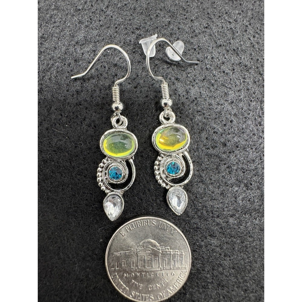 Silver Tone Blue Green Rhinestone Dangle Drop Earrings Fish Hook New